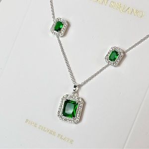 Christian Siriano Emerald Green Cubic Zirconia Necklace Earring Set Silver Plate